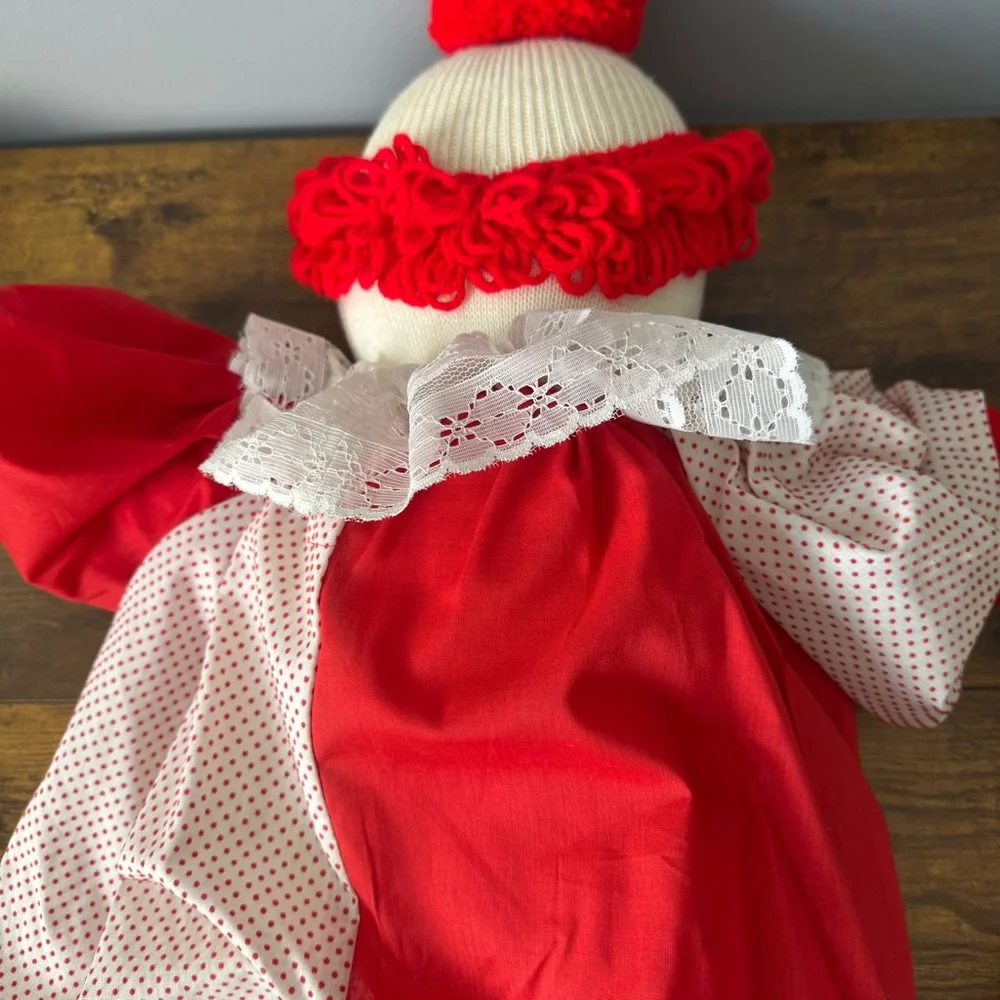 Vintage Large 26‎ Inch Cloth Clown Doll Red White Polka Dot Lace Yarn Hair